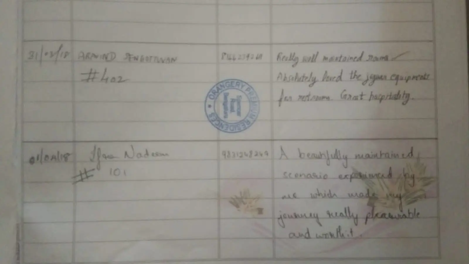 Handwritten guest testimonial from the Orangery guest book, page 1