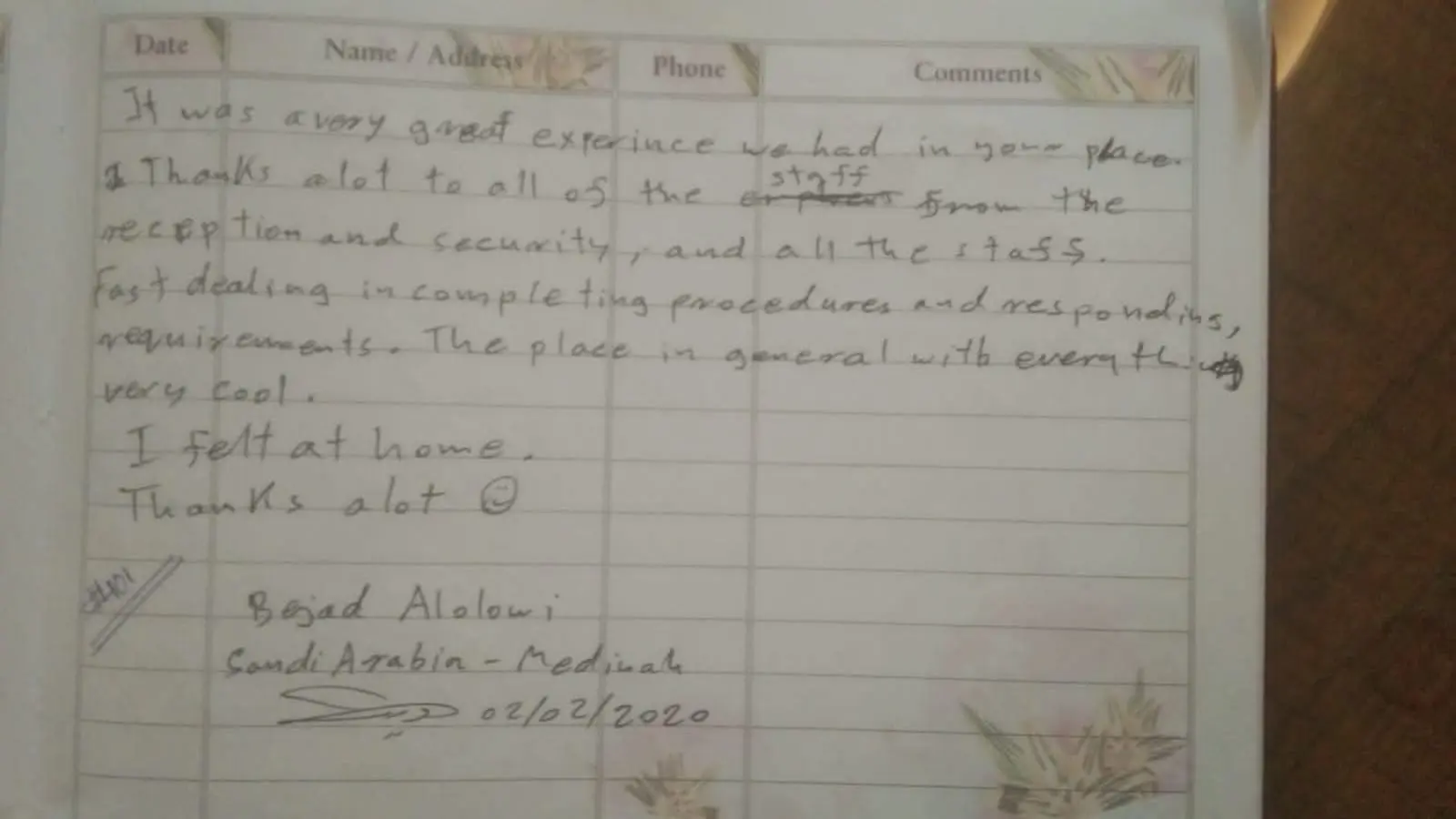 Handwritten guest testimonial from the Orangery guest book, page 6