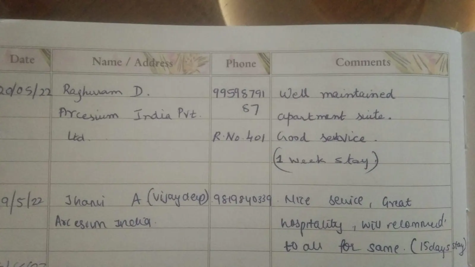 Handwritten guest testimonial from the Orangery guest book, page 7