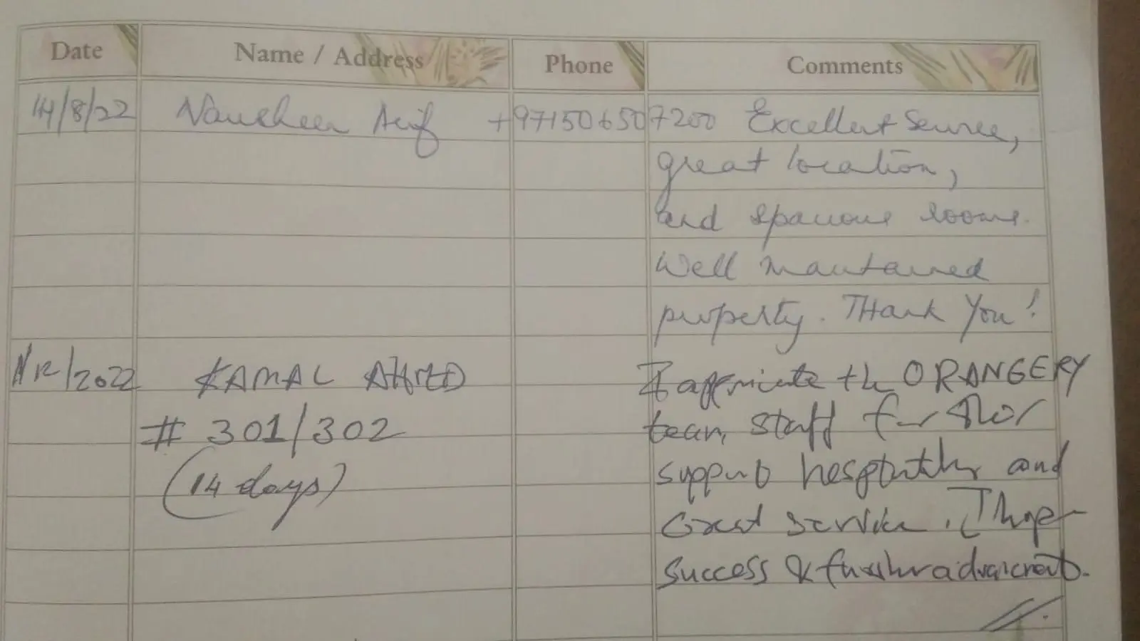 Handwritten guest testimonial from the Orangery guest book, page 9