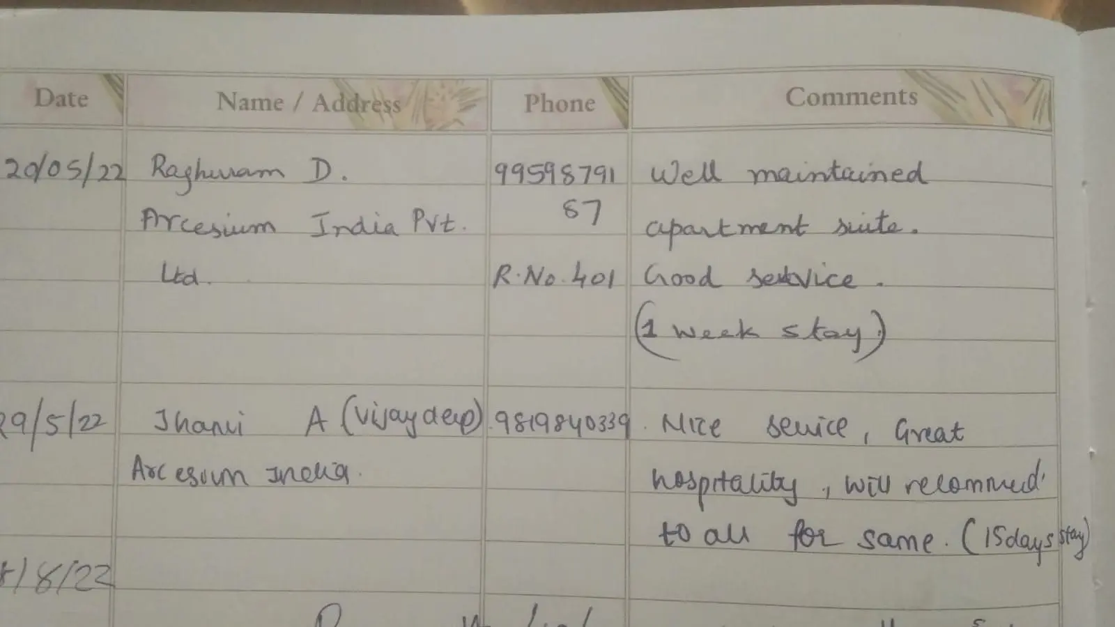 Handwritten guest testimonial from the Orangery guest book, page 8